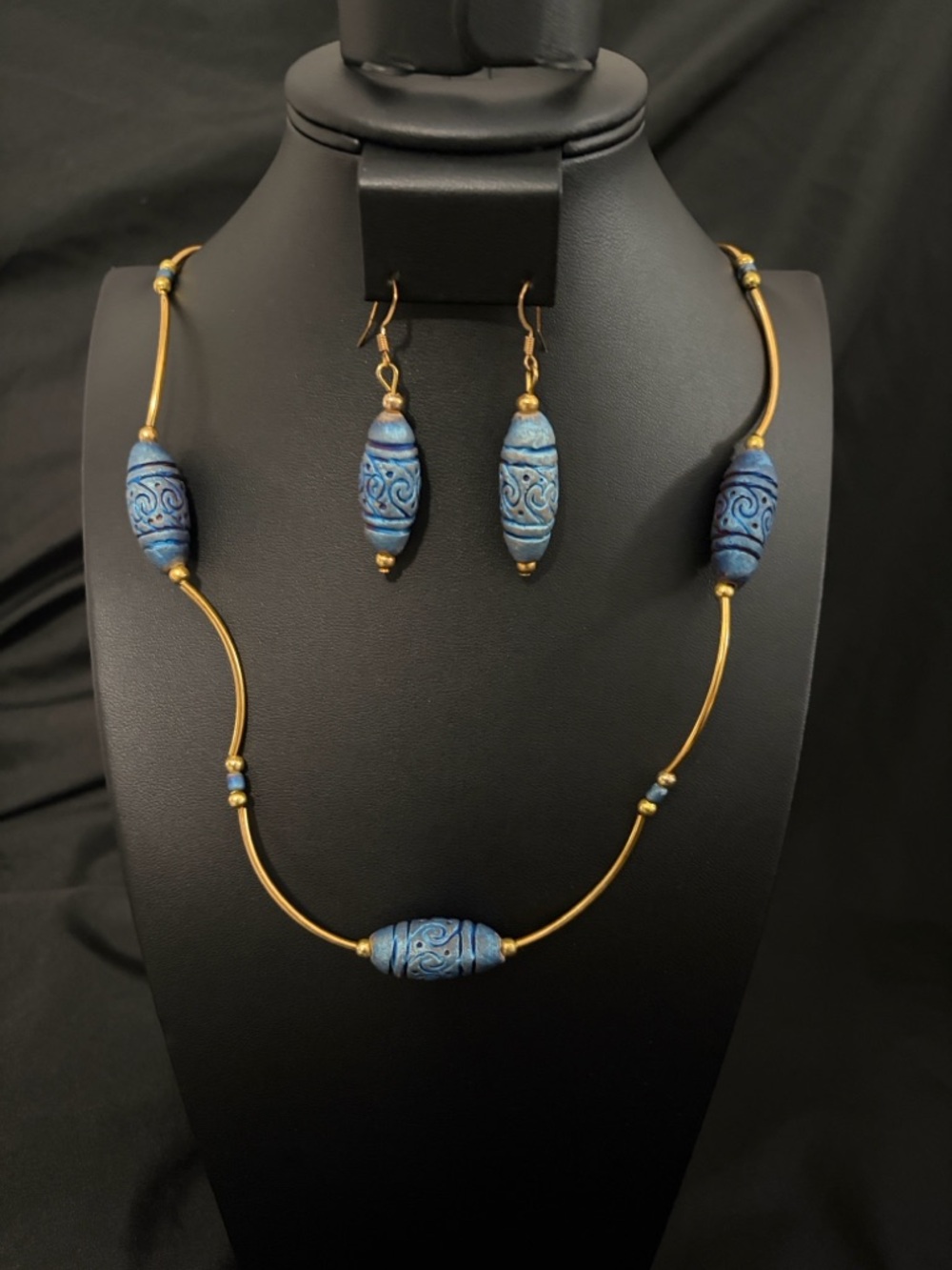24” Carved Wooden Blue Beaded Brass Necklace and Matching Earrings